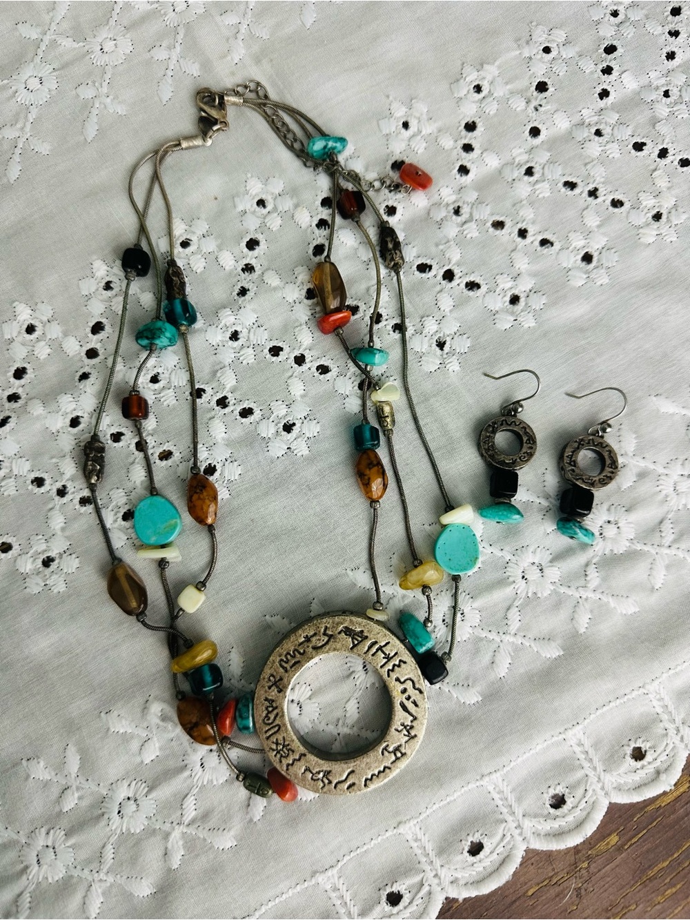 Chico's Multi-Strand Pendant Necklace Earring Combo Turquoise Western Boho